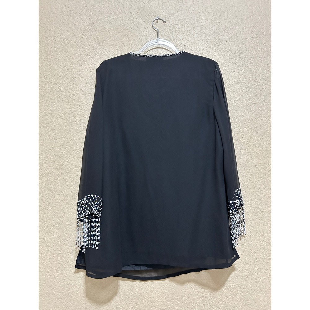 Anthony Original Tunic Top L Black Beaded Fringe Lace Up Chiffon Boho Festival - Picture 2 of 11